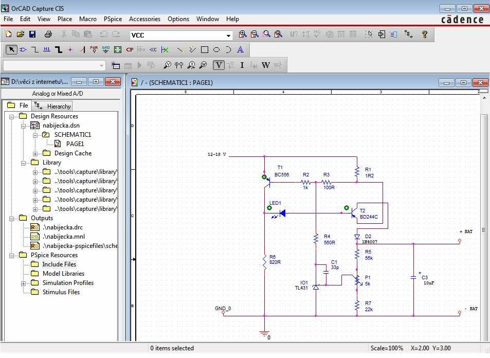 Obr. 3.3 Návrh schématu 3.1.1 OrCAD Capture V návrhovém prostředí Capture (Obr. 3.3) budeme nejčastěji používat tři okna: 1.