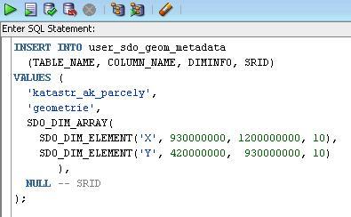 aktualizovat metadata. Aktualizace metadat o sloupci GEOMETRIE v tabulce KATASTR AK PARCELY je zachycena na obrázku 7.25.