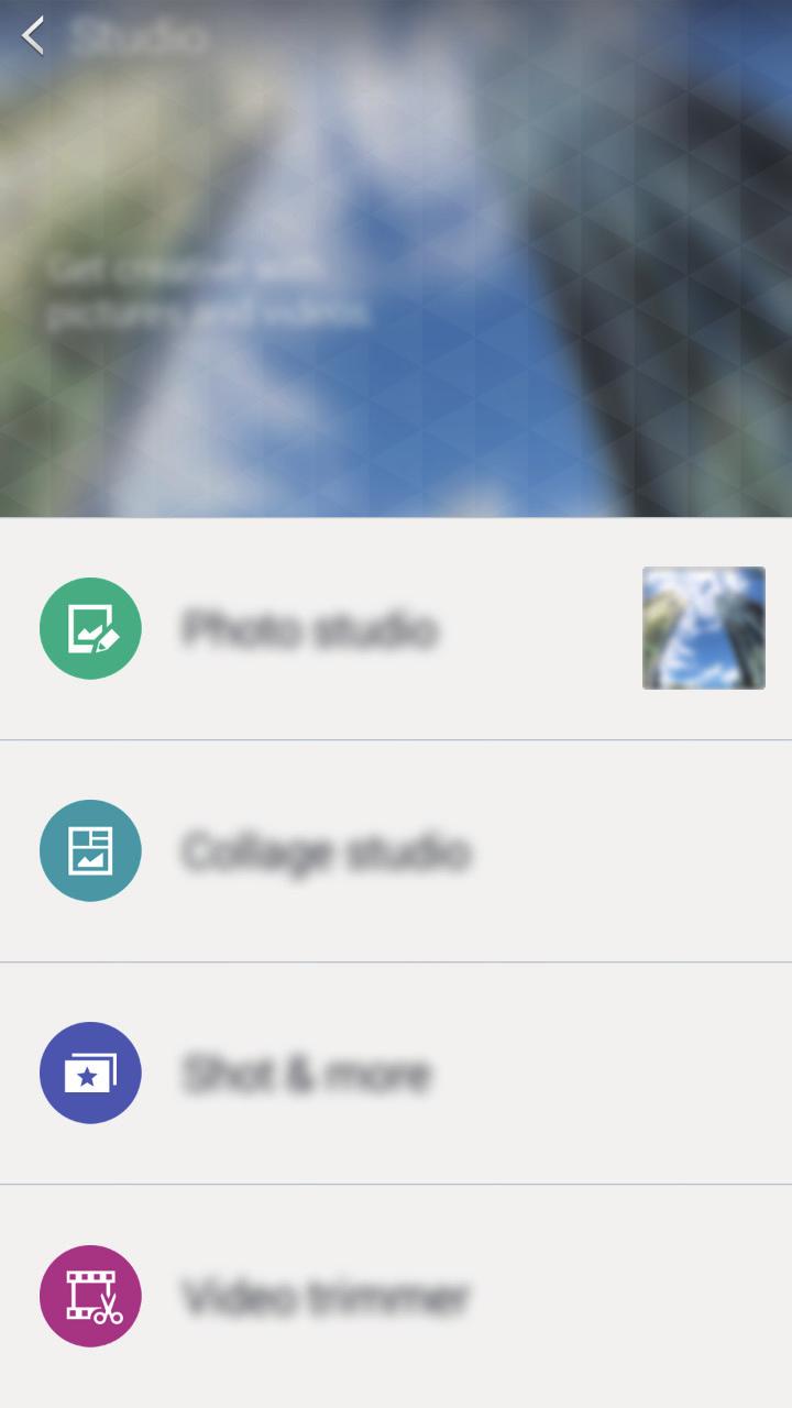 Užitečné aplikace a funkce Studio Úprava snímků a videí pomocí různých efektů. 1 Na obrazovce Aplikace klepněte na položku Studio. 2 Vyberte možnost a upravte snímky a videa.