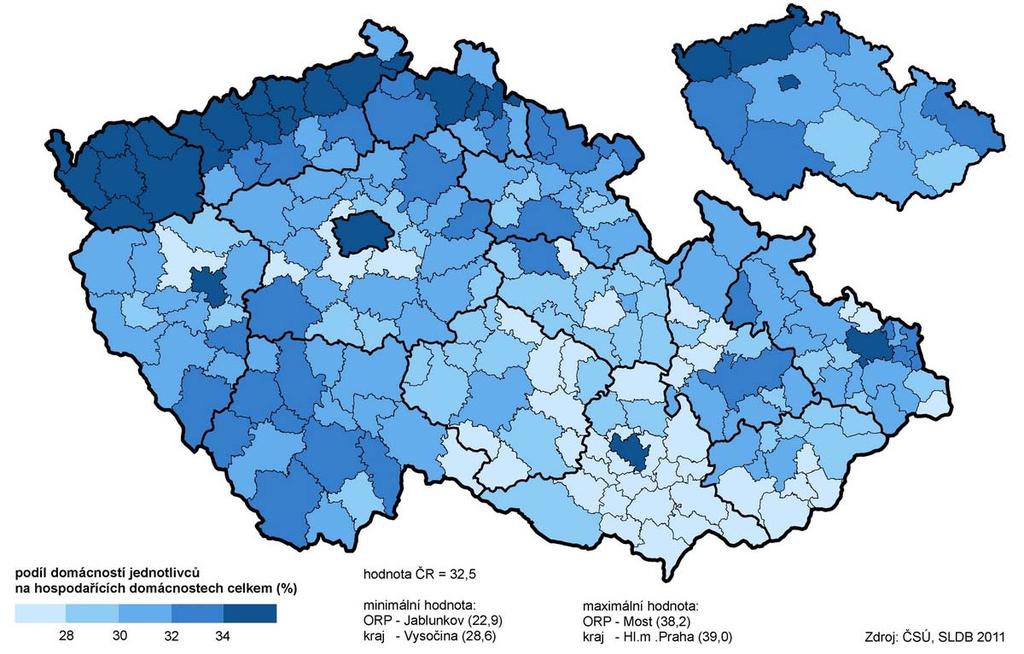 domácností rodinných. Domácnosti jednotlivců jsou po úplných rodinách nejčastějším typem. primárně určené k bydlení (např.