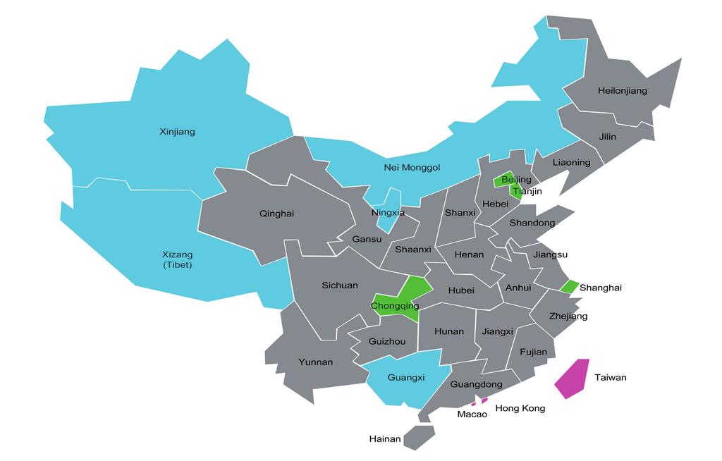 9. Mapa: Administrativní dělení Číny (Vysvětlivky: šedá barva = provincie / modrá barva = oblast /