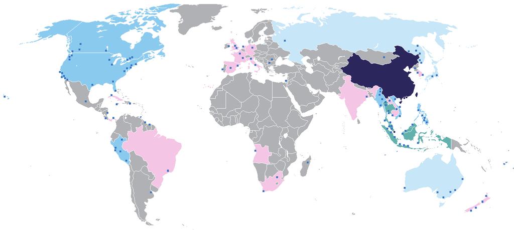 11. Mapa: Sinofonní svět (Vysvětlivky: tmavě modrá = čínsko-jazyčná většina / šedozelená = více než 5 milionů mluvčích / modrá = více než 1 milionů / světle modrá více než 0,5 milionů / růžová = více