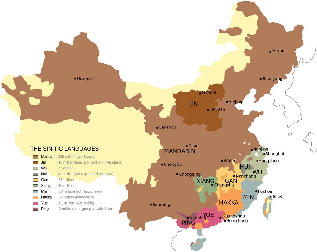 7. a, b Tabulka a mapa: Dialekty čínštiny Název dialektu zkratka pinyin Severní dialekty - zahrnuje standardní čínštinu ( 普通话 ) Guan; 官 Guānhuà Běifānghuà zjednodušené znaky 官话北方话 počet mluvčích v