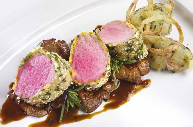48 200g 259, 1, 3, 7 Vepřová panenka v bylinkové krustě s restovanou hlívou ústřičnou a šťouchanými brambory... Pork tenderloin in herb crust with roasted oyster mushrooms and crushed potatoes.