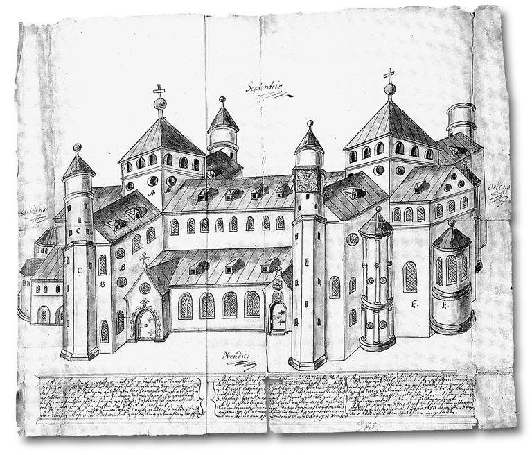 H. Soukupová - k problematice Vy ehradu Obr. 16: Hildesheim, chrám sv. Michaela (svěcený roku 1033), lavírovaná kresba zroku 1662 (převzato zkatalogu: Bernward von Hildesheim, 1993, o. c. v pozn.