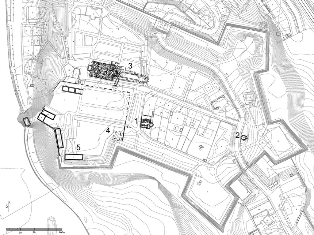 H. Soukupová - k problematice Vy ehradu Obr. 4: Vyšehrad, akropole s kostelem sv. Klimenta a Vavřince [1], rotundou sv. Martina, předpokládanou rotundou sv. Jana [2], s kapitulním chrámem sv.