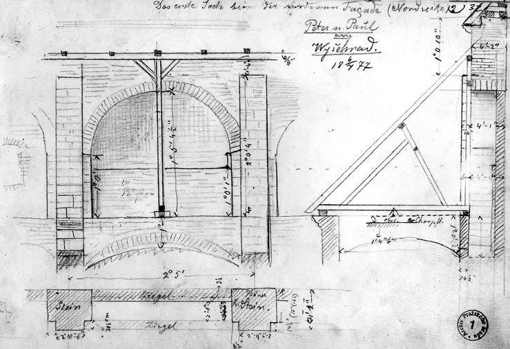 H. Soukupová - k problematice Vy ehradu Obr. 52: Vyšehrad, chrám sv. Petra a Pavla, opěrné pilíře hlavní lodi na kresbě J. Mockera ze 6. července 1877 (Archiv Pražského hradu, Skicáře d. a., inv. č. 3, sign.