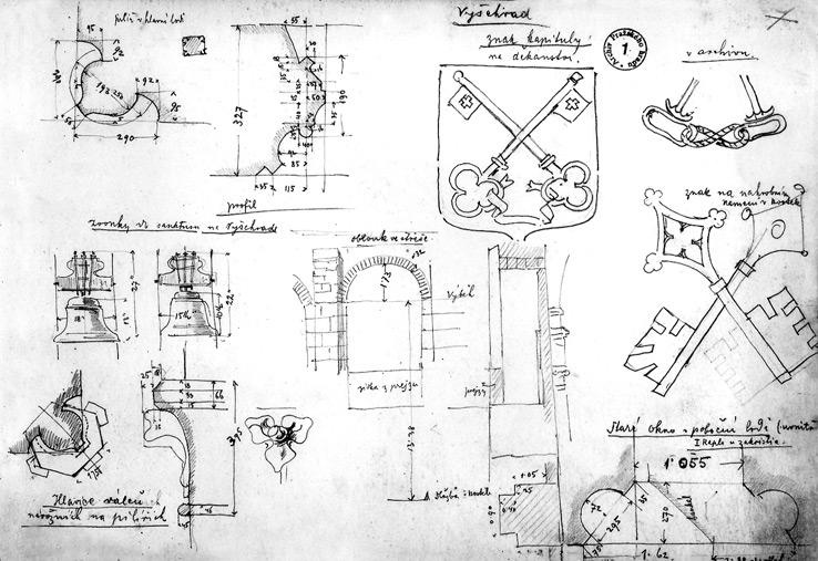H. Soukupová - k problematice Vy ehradu Obr. 57: Vyšehrad, architektonické detaily a znak kapituly na kresbě J. Mockera z 2. dubna 1885 (Archiv Pražského hradu, Skicáře d. a., inv. č. 7, sign.