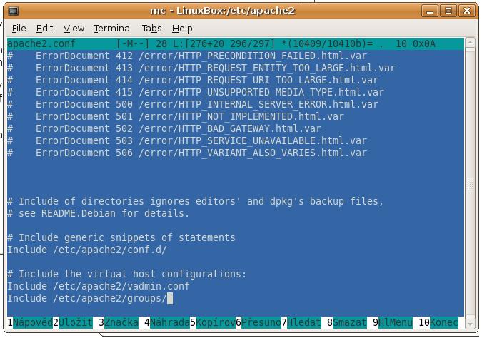 Obr. 3.6: Přidání vadmin do apache2.conf. spouštět programy a skripty s právy sudo (superuser do), které jsou však nutné pro jakékoliv operace s apache (start, stop, reload.