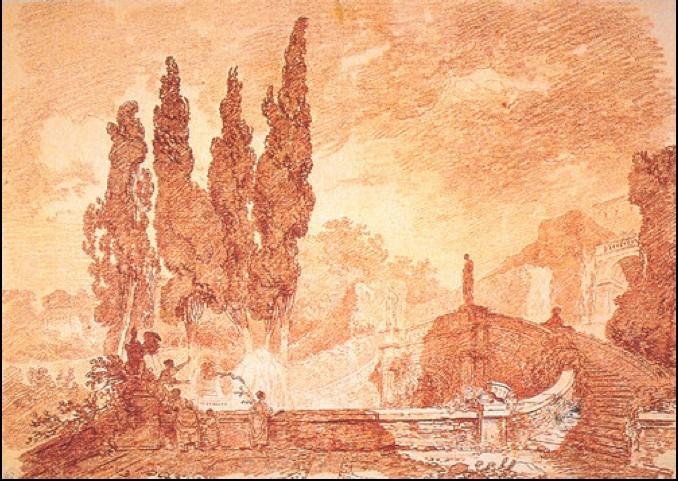 O sto let dříve kreslí stejný pohled Fragonard spíše romantické pojetí. Corot hledal rovnováhu.