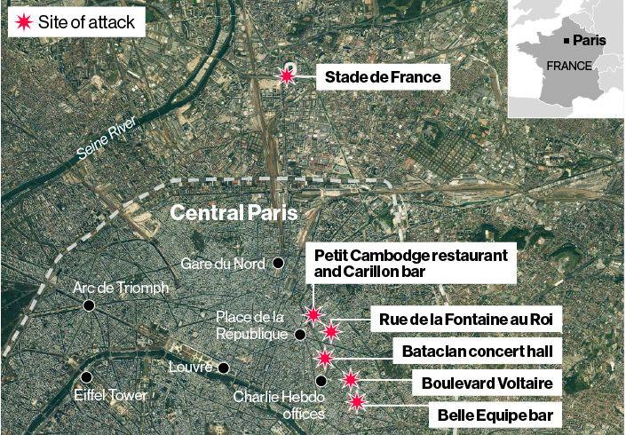 Celkem 9 teroristů bylo rozděleno do tří skupin po třech a každá skupina měla přidělen útok, který měla provést. (www.aon.com) Obrázek 6 Místa teroristických útoků ve Francii (www.dianaswednesday.