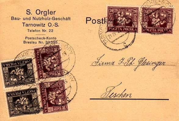 - 23 - Korespondenční lístek poslaný do Těńína z Tarnowskich Gór 21.IV.1923. Expediční razítko pońty je jiņ polské, dvoukruhové s můstkem. Ing.