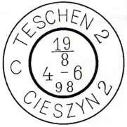 Razítko bylo v pouņívání od r. 1882. Datum na razítku je 21/9/96. Vlevo od razítek je třetí razítko, od pońty TESCHEN (tedy Těńín 1). Je typu E 186, katal. č.