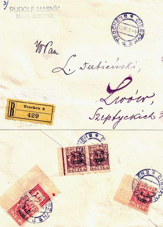 - 31 - Razítko typ G 137 s rozlińením d na doporučené zásilce poslané do Lwowa. Zásilka je na zadní straně vyfrankována známkami s přetiskem S.O./1920. Jelikoņ je na zásilce datum na můstku 11.IV.