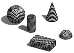 Kapitola 2 RealView Výchozí styl mapování je založen na geometrii modelu. Na všechny níže uvedené modely byl použit vzhled šachovnice. Ke změně došlo pouze u stylu mapování.