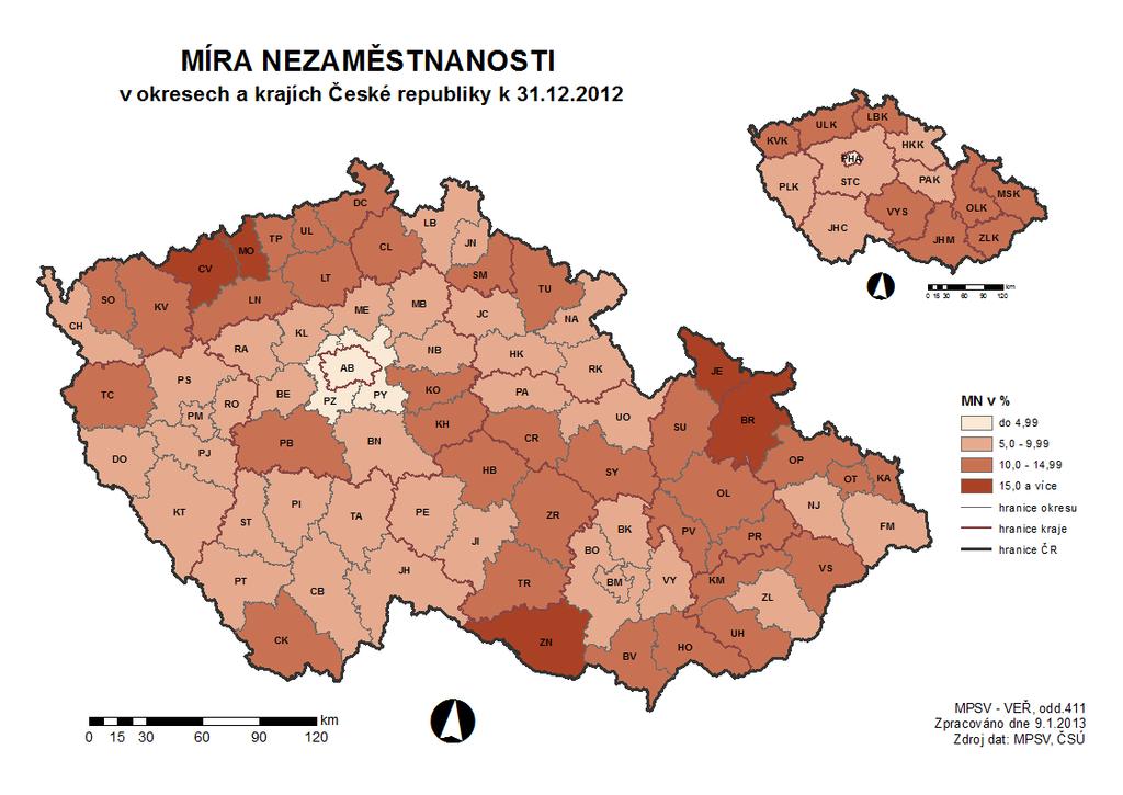 Obrázek 5 Míra registrované nezaměstnanosti v okresech České republiky Zdroj: MPSV, 2013 Uvedená data prakticky nepotřebují žádný komentář.