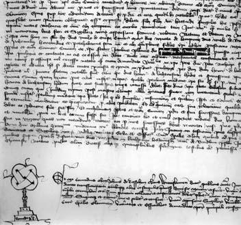 Fotokopie listiny z 3. listopadu 1397 detail (viz listina č. XXXIX) Zvýrazněný text s uvedením mikulovské farnosti: p[a]rochi[a]e de Niclspurch (tj. farnosti v Mikulově ).