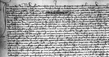 Fotokopie listiny z 6. února 1384 detail (viz listina č. XXXIV) Zvýrazněný text s nejstarší zmínkou o zasvěcení mikulovského farního kostela: p[a]rochialis ecc[les]i[a]e sancti Wenczeslai (tj.