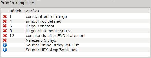 Řádky s chybami jsou také červeně zvýrazněny v editoru kódu. Dále jsou vypisovány cesty k souborům listing a HEX.