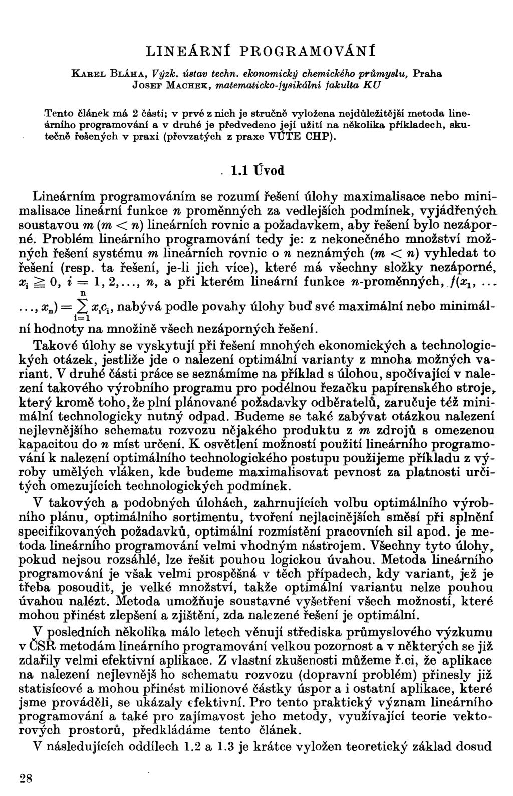 LINEÁRNÍ PROGRAMOVÁNÍ KAREL BLÁHA, Výzk. ústav tech.
