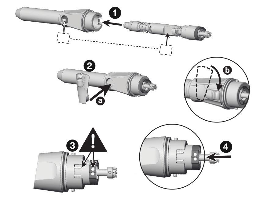 Montáž úhlového násadce S-9 L G, S-9, S-10, S-12 Dbejte na správnou polohu ploch upínací páčky. Hřídel nasuňte do vrcholu násadce.