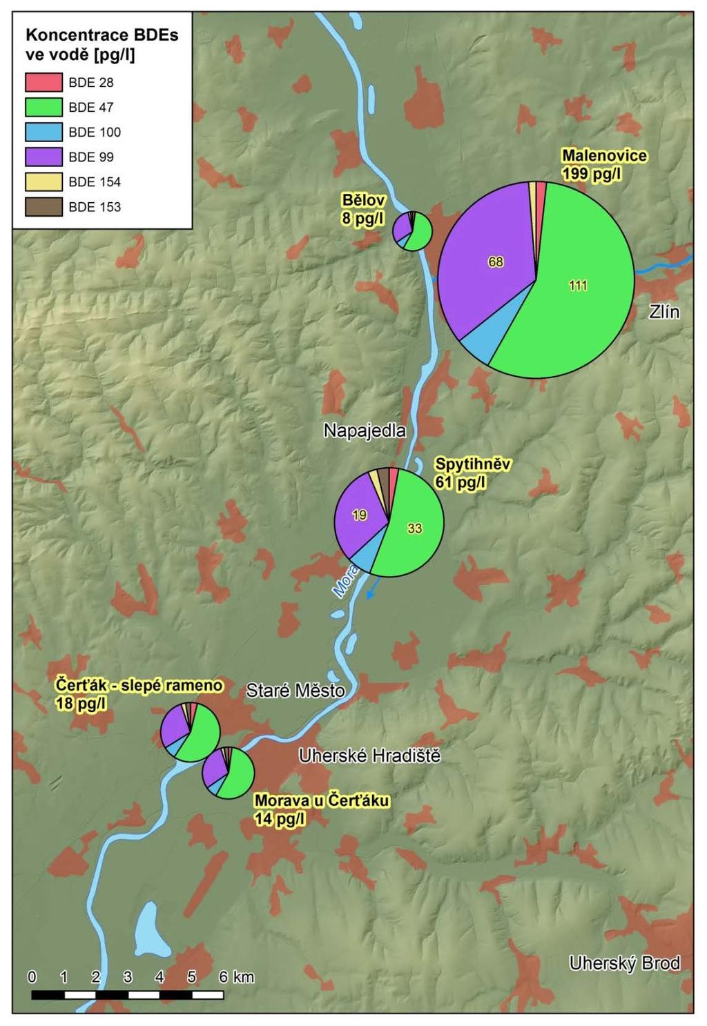 Mapa č. 15 Prostorová variabilita koncentrace bromovaných difenyletherů (suma koncentrací kongenerů čísel 8, 47, 99, 1, 153 a 154; t.j.