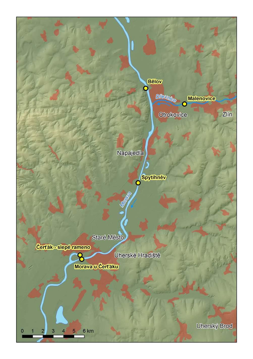 Mapa č. 17 Prostorová variabilita koncentrace perfluorovaných sloučenin v povrchové vodě řeky Morava a v jejím přítoku Dřevnice na Zlínsku.