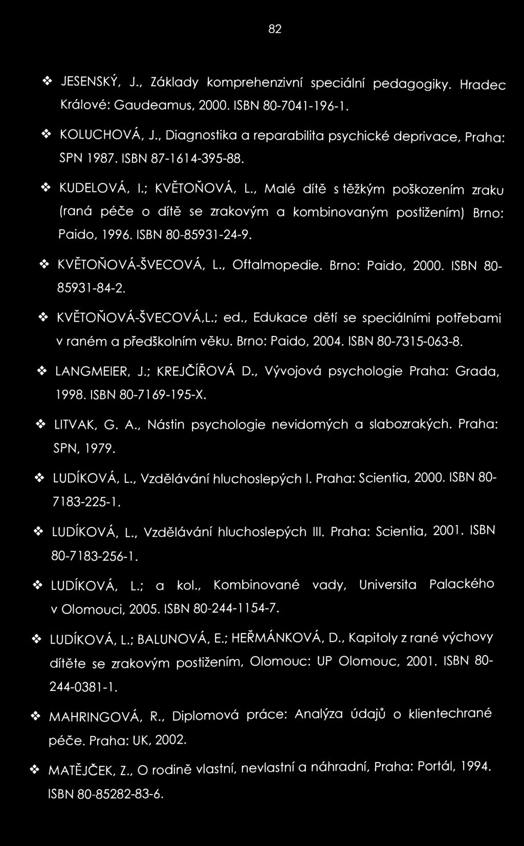 82 JESENSKÝ, J Základy komprehenzivní speciální pedagogiky. Hradec Králové: Gaudeamus, 2000. ISBN 80-7041-196-1. KOLUCHOVÁ, J Diagnostika a reparabilita psychické deprivace, Praha: SPN 1987.