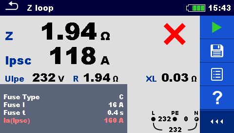 dostatečně malá nebo je pro dané jištění již příliš vysoká. Příklad výsledku měření impedance přístrojem Eurotest XC pro jistič typu C s vypínacím proudem 16 A je na obrázku 6.