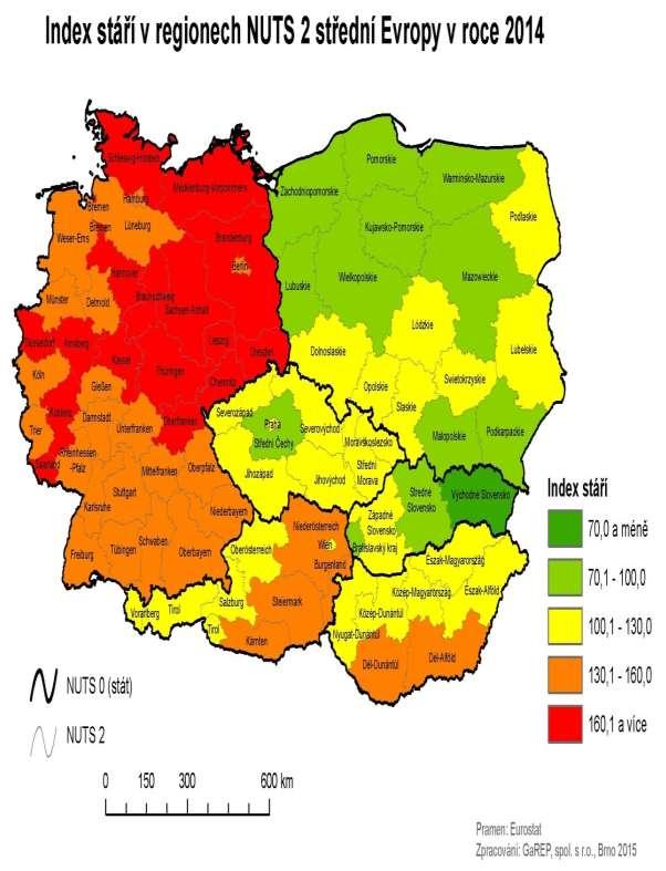 Obr. 13: Index stáří v regionech NUTS 2 střední Evropy v roce 214 Pramen: Eurostat 215 S údaji o indexu stáří do určité míry koreluje i míra ekonomické aktivity populace ve věku 15 let a více.