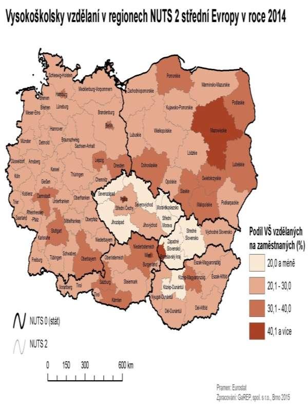 Obr. 17: Vysokoškolsky vzdělaní v regionech NUTS 2 střední Evropy v roce 214 Pramen: Eurostat 215 Regionu NUTS 2 Jihovýchod, do nějž Jihomoravský kraj spadá, tak v roce 214 vykazoval spíše