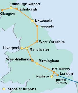 7.2.3 Velká Británie Společnost Transrapid International spolupracuje se skupinou UK Ultraspeed a připravují projekt na výstavbu vysokorychlostní dráhy Maglev z Glasgow do Londýna.