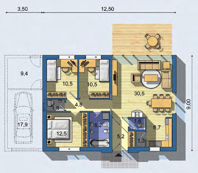 světlo i v chodbě uprostřed dispozice VILA 1052 PŘÍZEMÍ