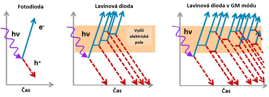 Pokud je na tuto diodu připojeno větší napětí, začínají se na ionizaci podílet i díry, což je mechanismus fungování lavinové diody pracující v GM módu (z angl.