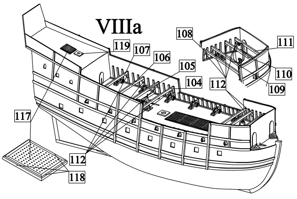 VIII) Paluba II: a) K bočnímu žebrování přilepte palubní trámy 104-111 a jejich výztuhy 112.