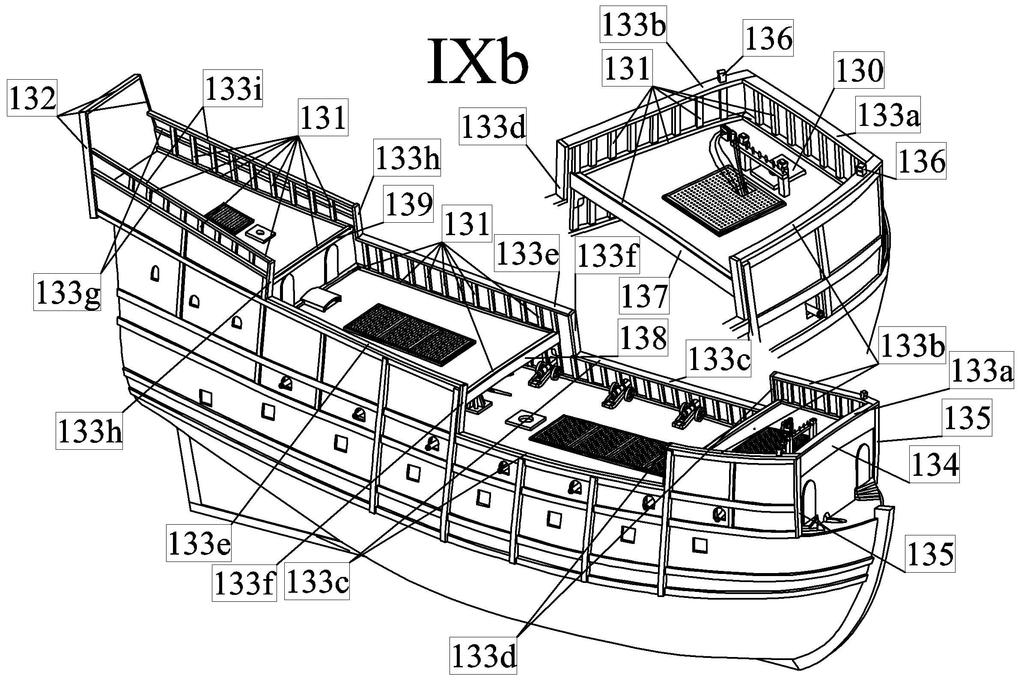 b) Nejdříve olemujte paluby a přilepte žebrování bortů 131 a olemujte borty díly 133-139. Poté k palubám přilepte jednotlivé detaily, patu stěžně 130 a úvazníky 136. c) Vyrobte záďovou galerii.
