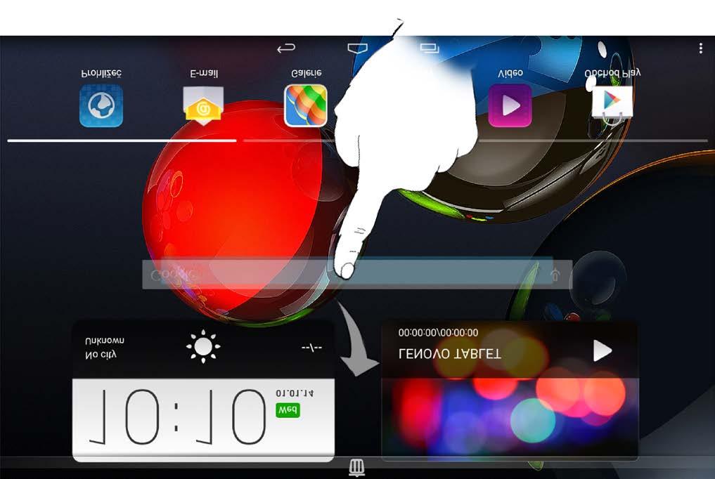 Přepínání domovských obrazovek Tablet má několik obrazovek. Mezi obrazovkami se přesunujete posunováním prstu po displeji. Ikony je možné přesunovat z jednoho panelu na druhý.