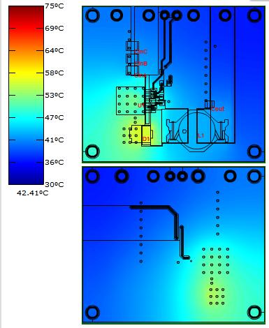 Obrázek 52 : Schéma zapojení DC-DC měniče pro +3.3 V napájení [2] Obrázek 53: Teplotní simulace DC-DC měniče pro vst. napětí 20V, výst. 3.