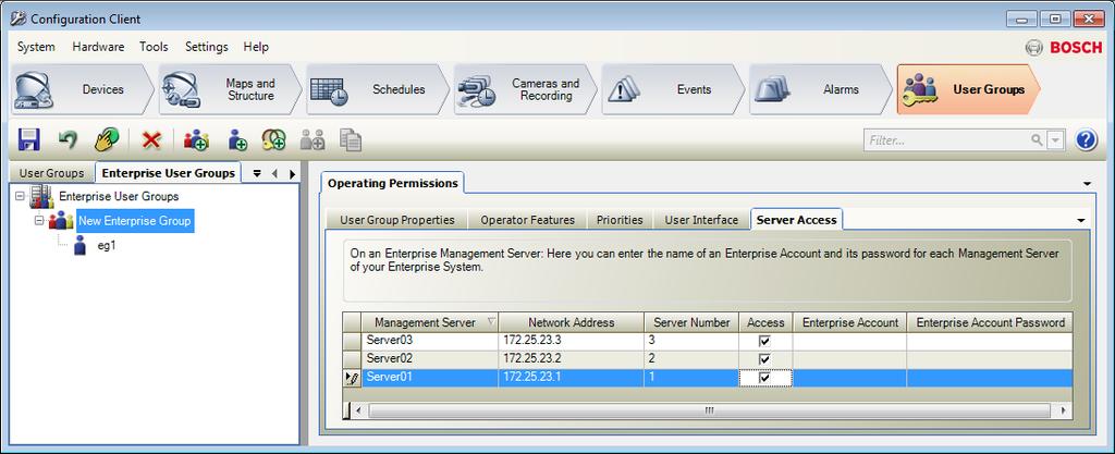 86 cs Příklady konfigurací Bosch Video Management System Vytvoření skupiny uživatelů Enterprise User Group: 1. Klikněte na kartu Enterprise User Groups. 2. Klikněte na tlačítko.