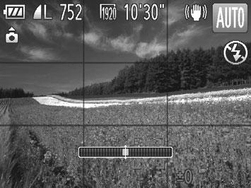 Pomocné funkce pro fotografování Použití elektronické vodováhy Statické snímky Na monitoru lze zobrazit elektronickou vodováhu jako vodítko pro nastavení vodorovné polohy fotoaparátu.