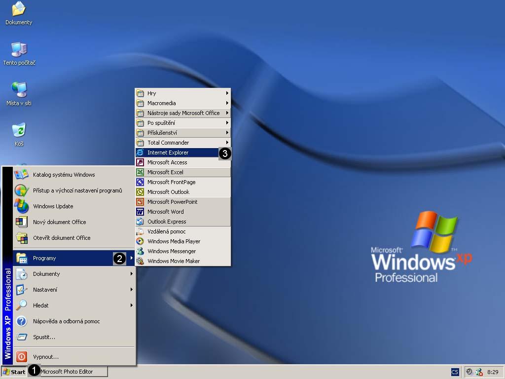 1.1 Spuštění aplikace MS Internet Explorer Stručný postup: Podrobný postup: 1 Klepněte tlačítko Start. 2 Klepněte položku menu Programy. 3 Klepněte zástupce aplikace Internet Explorer.