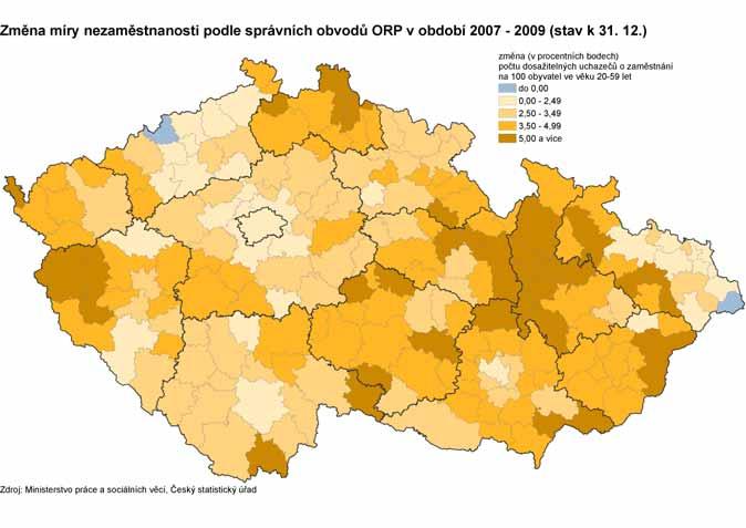 Graf 3.6 Míra nezměstnanosti v krajích v roce 2007 (v %) 2,2 5,6 5,4 4,7 4,5 4,4 4,2 7,3 6,9 6,7 6,1 6,0 6,0 9,6 11,0 Graf 3.