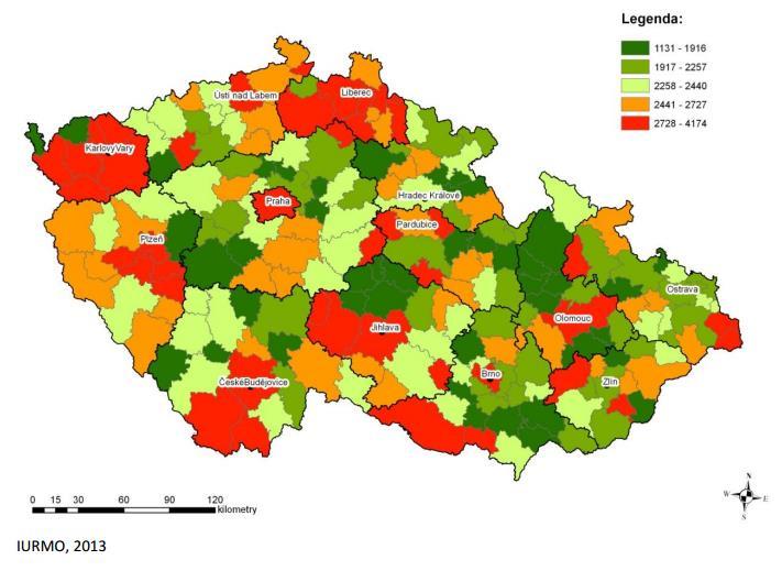 Mapa č. 3: Jednotkové náklady (Kč/t) na sběr, svoz a odstranění SKO v ORP ČR za r.
