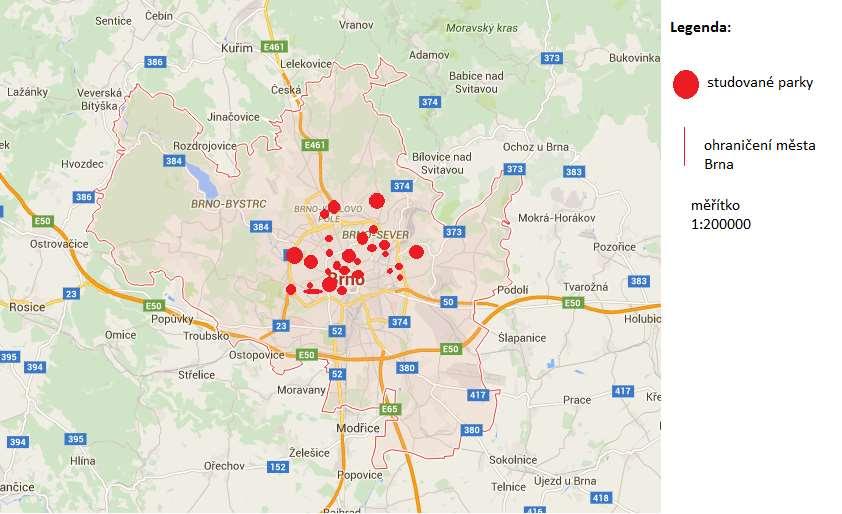 2: Mapa Brna s vyznačenými