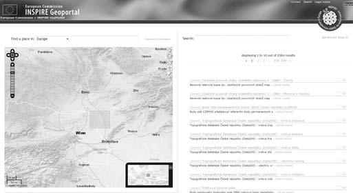 Obr. 4 Ukázka vyhledávání na INSPIRE geoportálu na http://inspire-geoportal.ec.europa. eu/ jako jednotném místě pro vyhledávání geografické informace v celém Evropském společenství.