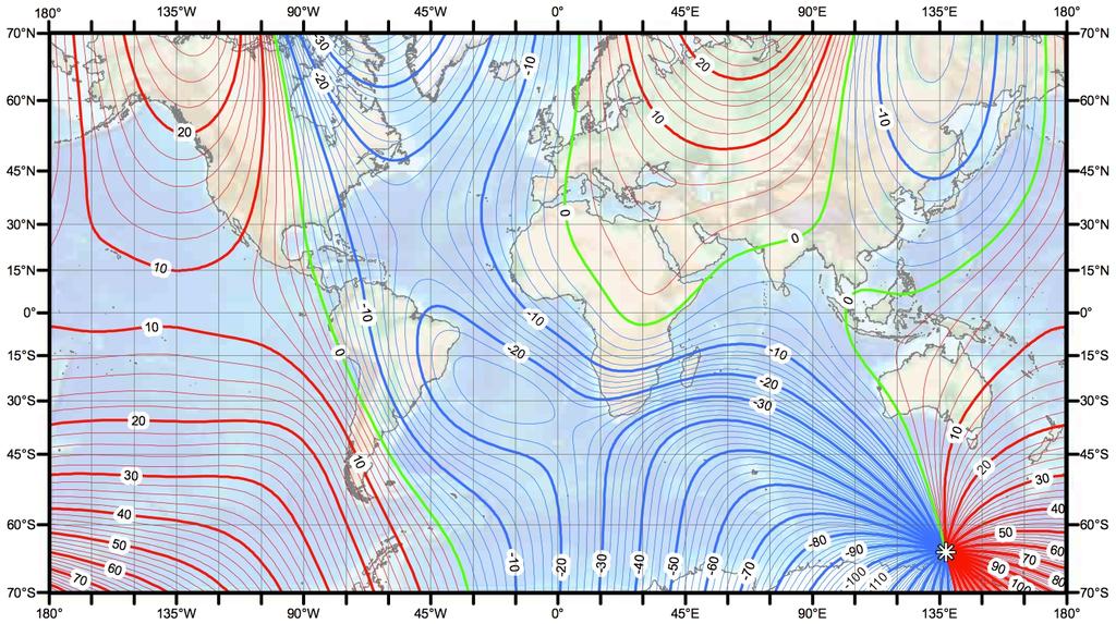 Obr. 4 Izogonický diagram zobrazující model hodnot deklinace na zemském povrchu pro období 215 (NOAA, 214) 3 Fyzikální veličiny 3.