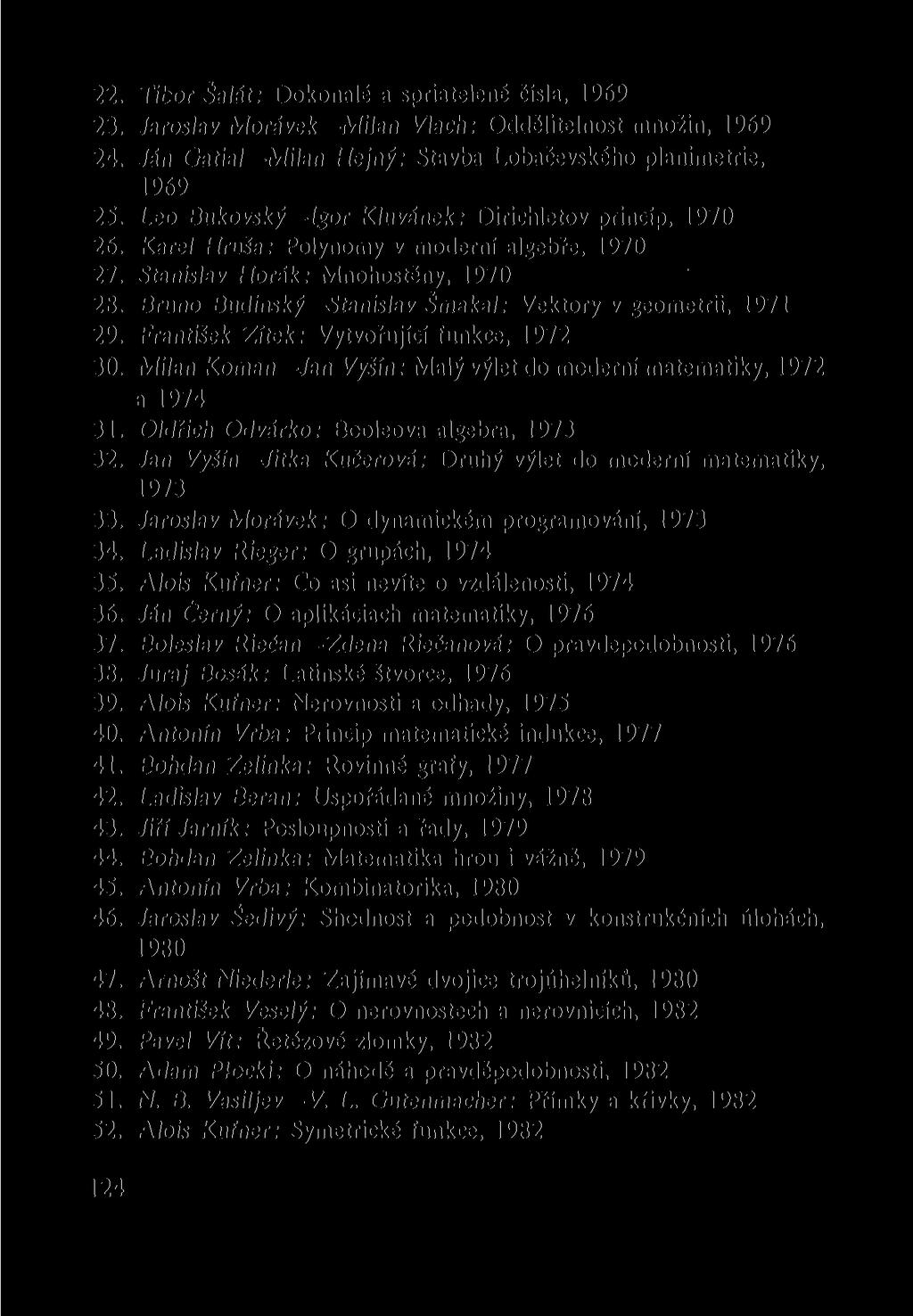 22. Tibor Salát: Dokonalé a spriatelené čísla, 1969 23. Jaroslav Morávek Milan Vlach: Oddélitelnost množin, 1969 24. Ján Gatial Milan Hejny: Stavba Lobačevského planimetrie, 1969 25.