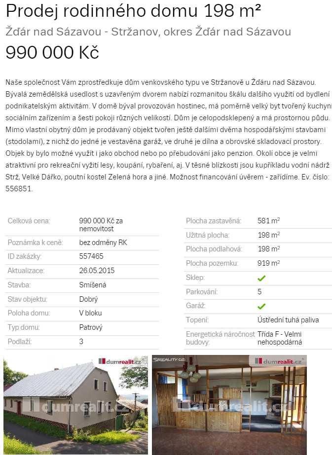 Srovnávací nemovitost č.5: Nabídka prodeje rodinného domu v obci Stržanov, okres Žďár nad Sázavou.