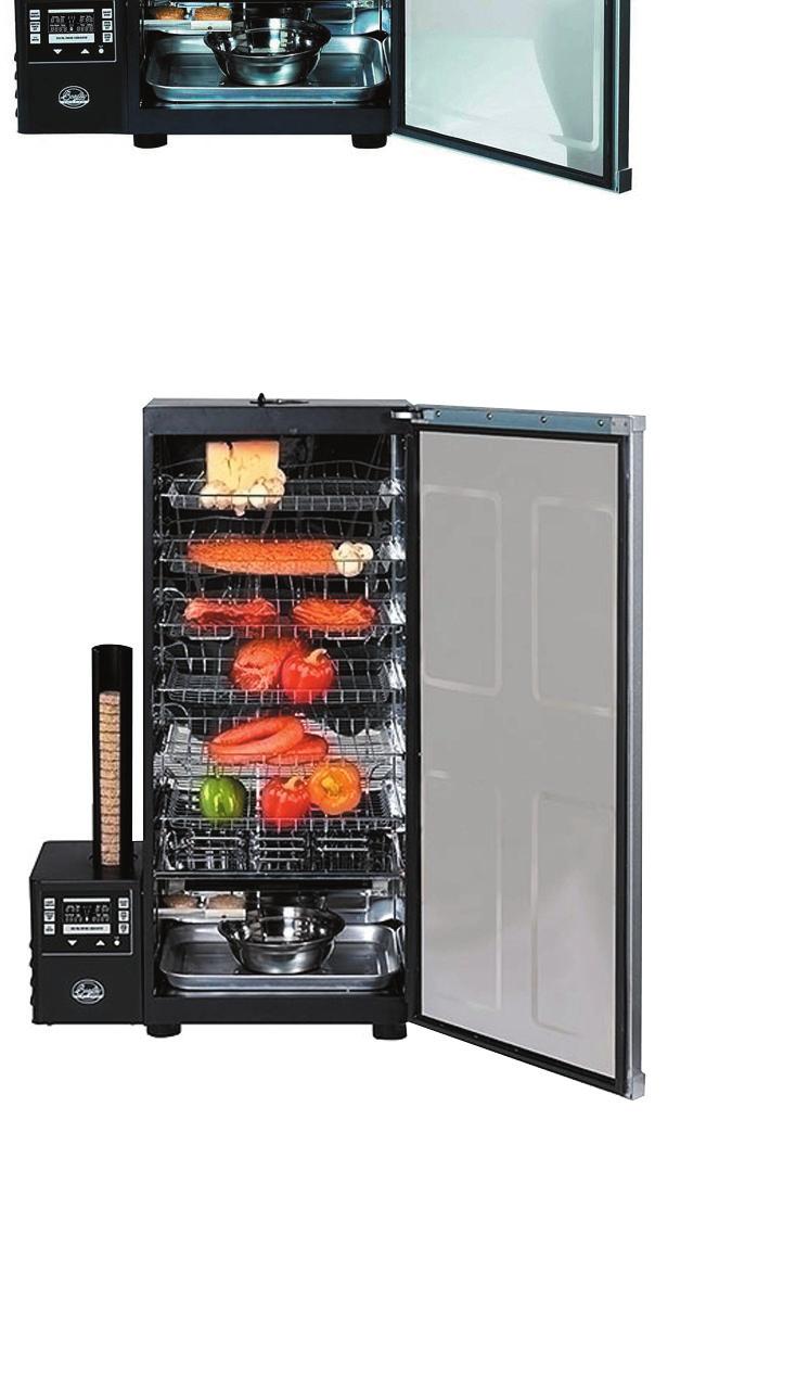 příkon 500W (topné těleso v udírně) + 125W (generátor kouře) oddělené nastavení teploty v udírně (kterou termostat automaticky udržuje), doby ohřevu v udírně a doby generování kouře hmotnost 26 kg