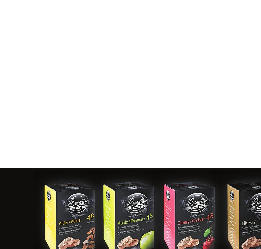 PŘEDSTAVENÍ BRIKET BRADLEY SMOKERS BISQUETTES Tajemství skvělých kuchařských delikates z udíren Bradley spočívá v dřevěných briketách.